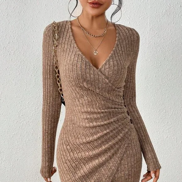 Mocha Brown Rib Knit Long Sleeve Bodycon - Picture 3 of 4